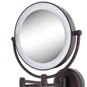 15 in. L x 12 in. W LED Lighted Round Wall Mount Bi-View 10X/1X Magnification Beauty Makeup Mirror in Bronze