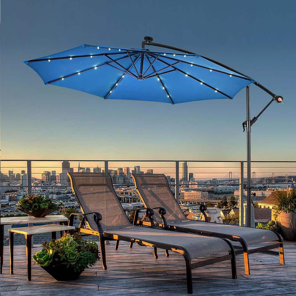 10 ft. Steel Hanging Cantilever Solar LED Patio Umbrella Sun Shade with Cro