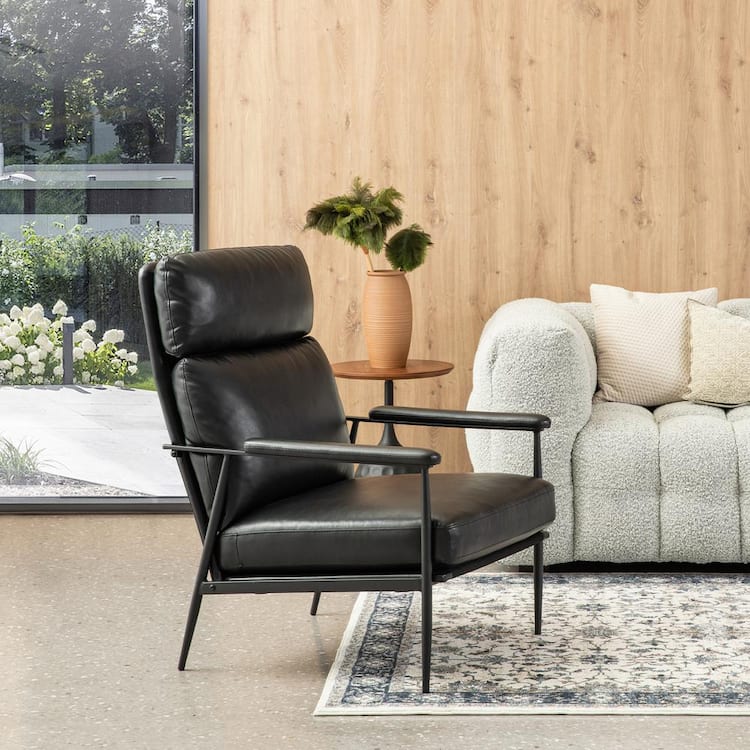 Glitzhome Mid-Century Modern Black Leatherette Armchair with High Back and Padded Arms