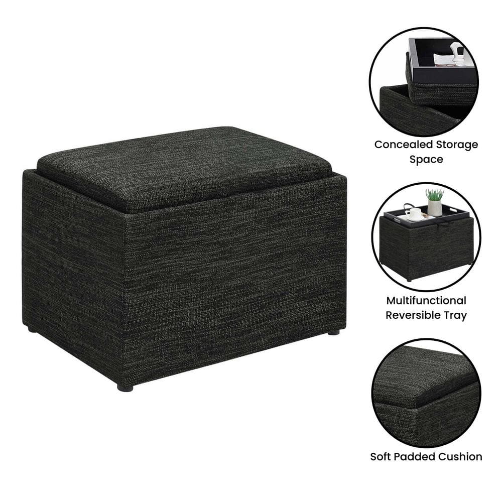 Modern Dark Charcoal Gray Fabric Storage Ottoman with Reversible Tray, 23"
