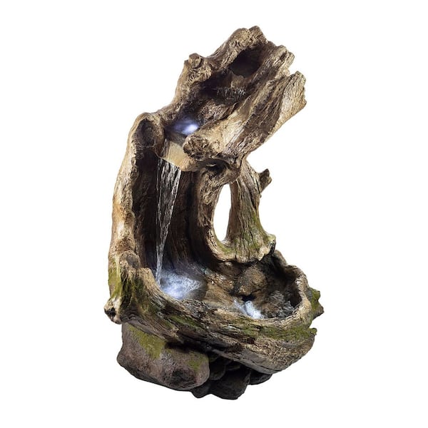 41 in. Tall Outdoor Rainforest Curved Log Water Fountain with LED Lights