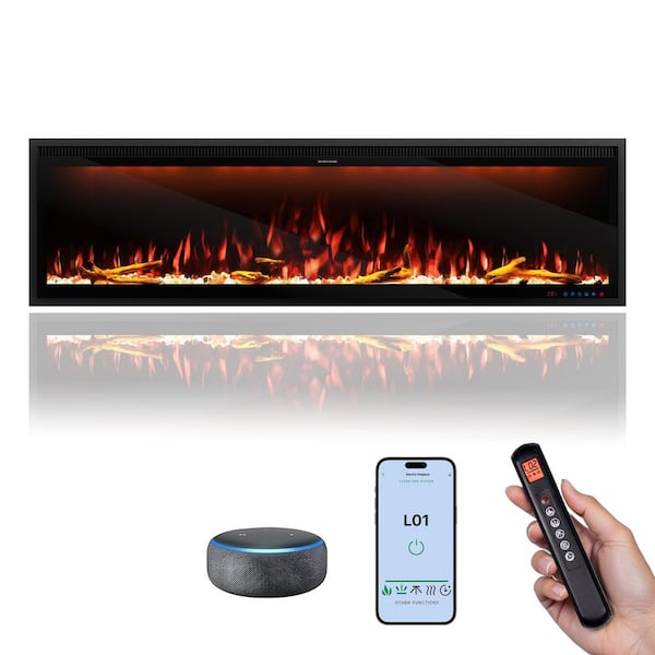 Mondawe Luminara 60 in. WiFi-Enabled Recessed and Wall Mounted Electric Fireplace in Black with Alexa and Smart APP Control