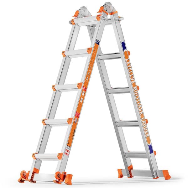 A Frame 5 Step Ladder, 17FT Reach Extension Ladder with Stabilizer Bar & Wheels, 330 lbs Security Multi Position Ladder