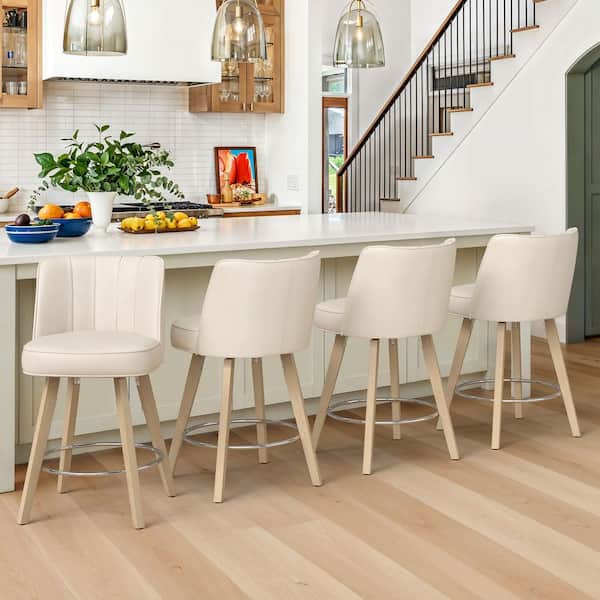 Paul 26 in. Ivory White Modern Faux Leather 360° Swivel High Back Barstool Solid Wood Counter Height stool (Set of 4)