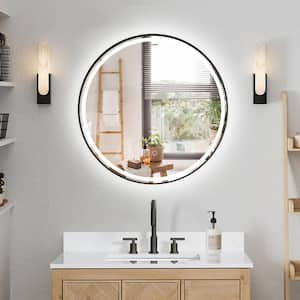 Palme 24 in. W x 24 in. H Small Round Aluminum Framed LED Lighting Wall Bathroom Vanity Mirror in Matt Black