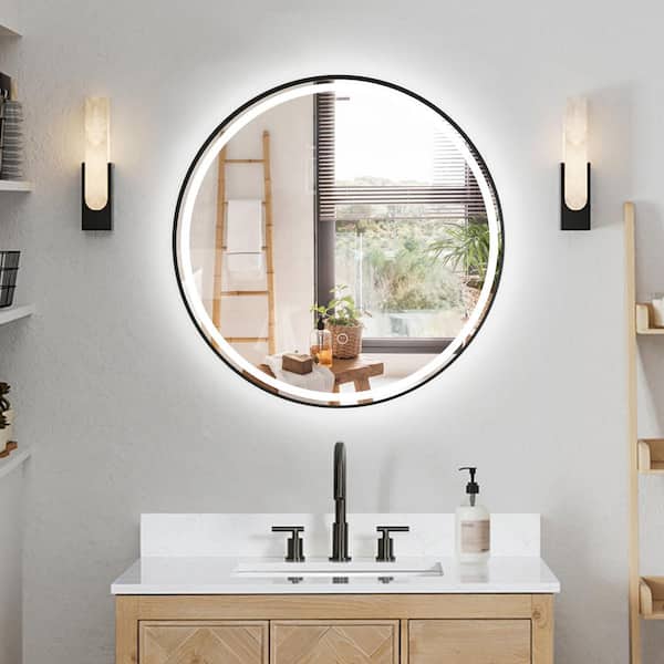 Altair Palme 24 in. W x 24 in. H Small Round Aluminum Framed LED Lighting Wall Bathroom Vanity Mirror in Matt Black