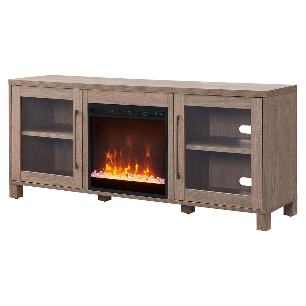 Antiqued Gray Oak TV Stand with Fireplace and Cabinets