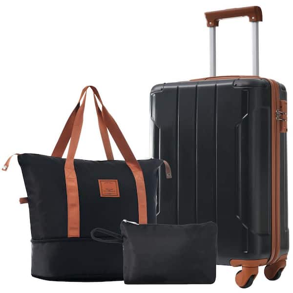 3-Piece Black and Brown ABS Hardshell Spinner 20 in. Luggage Set with an Expandable Travel Duffel Bag, a Toiletry Bag