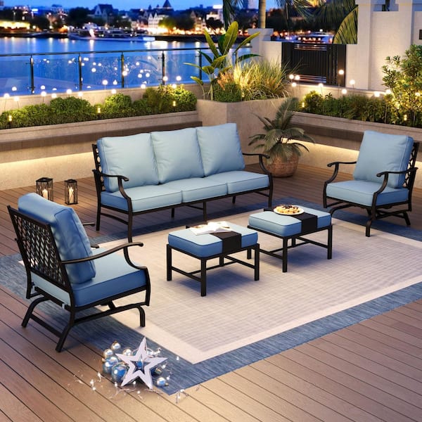 PHI VILLA Black 5-Piece Metal Meshed 7-Seat Outdoor Patio Conversation Set with Blue Cushions, 2 Motion Chairs and 2 Ottomans