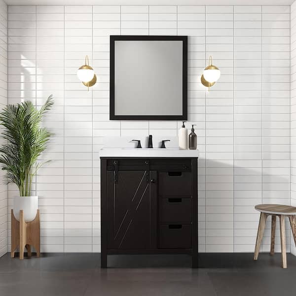 Lexora Marsyas 30 in W x 22 in D Brown Bath Vanity, Cultured Marble Countertop, Faucet Set and 28 in Mirror
