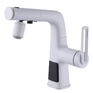 Multipurpose Single Handle Single Hole Bathroom Faucet with Pull-out Sprayer and Temperature Display Function in White