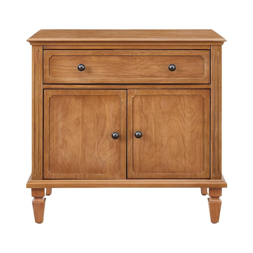 Mid-Century Modern Natural Wood Charging Station Nightstand with Drawer and Double-Door Storage Cabinet
