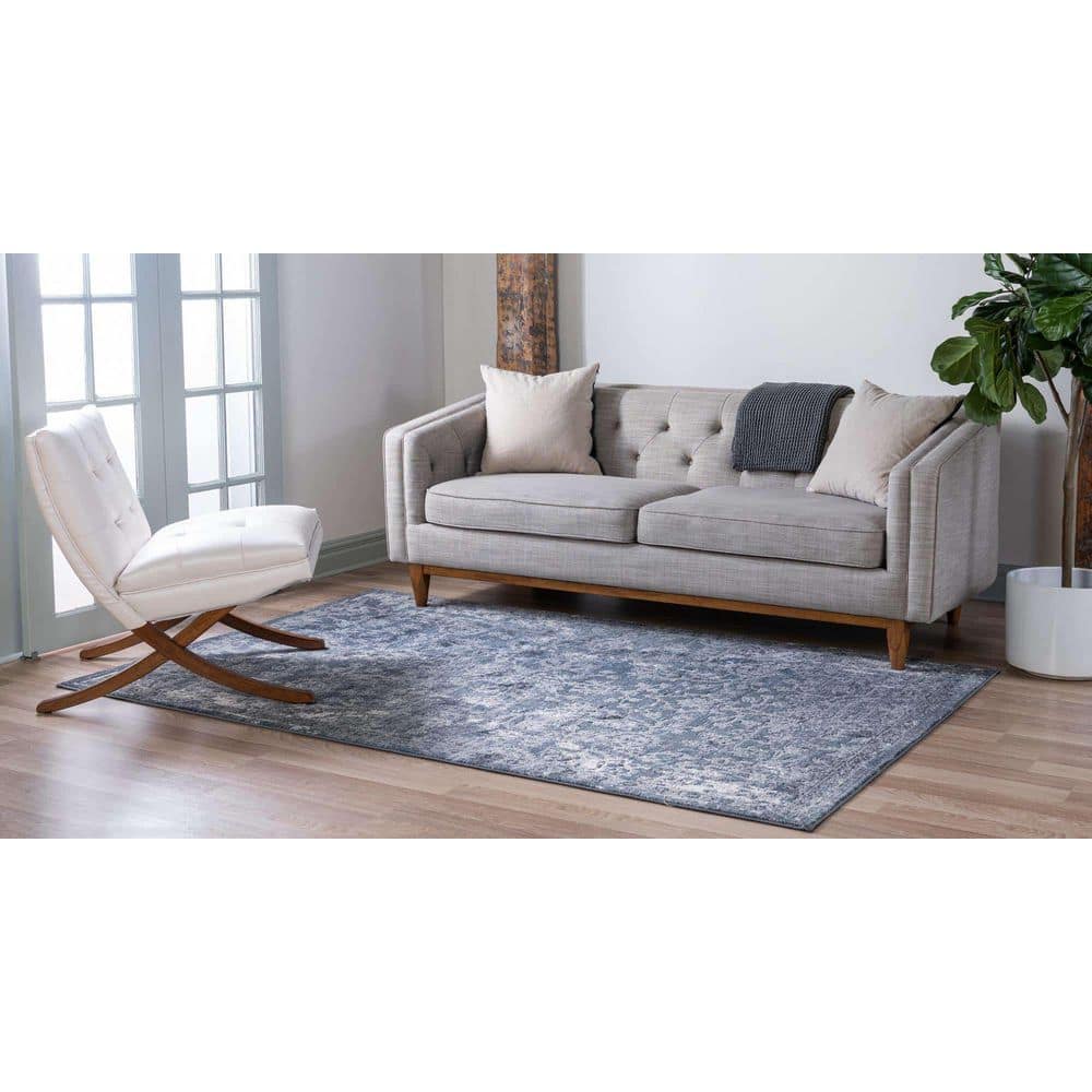 Soothing Blue & Gray Floral Indoor Rug 5'3" x 8' - Easy Care, Stain-Resistant