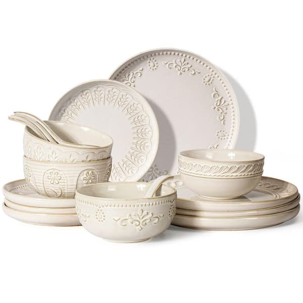 16-Piece Multi-Pattern Ceramic Dinnerware Set, Ceramic Kitchen Bowl Set, Embossed White Dishware Set (Service for 4)