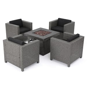 Puerta Mixed Black 4-Piece Wicker Outdoor Patio Fire Pit Seating Set with Dark Gray Water Resistant Cushions