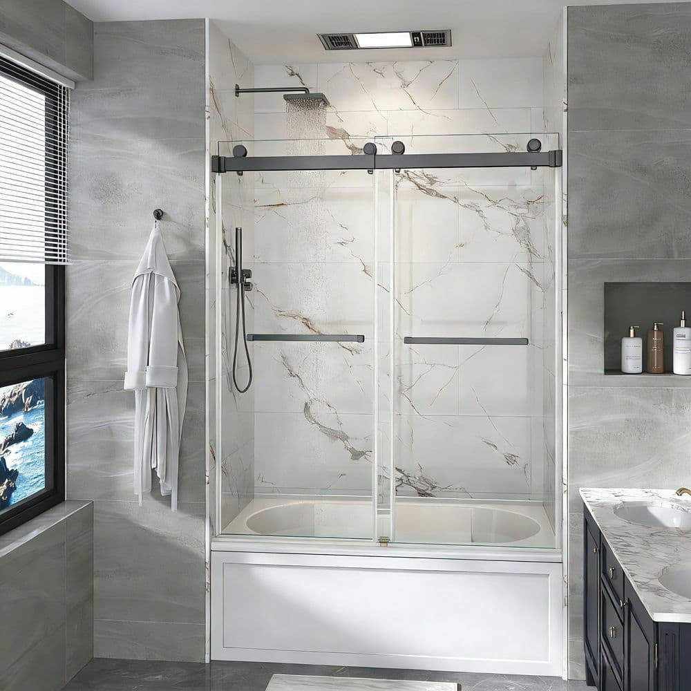 56-61 in. W x 66 in. H Double Sliding Frameless Tub Door in Gungray with 3/8 in. Clear SGCC Tempered Glass, 2-Towel Bars price history on PriceWatchPro