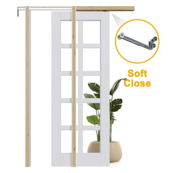 ARK DESIGN 24 in. x 80 in. 10-Lite Clear Glass Primed Solid Core Glass Pocket Door Frame and Hardware Soft Close Included