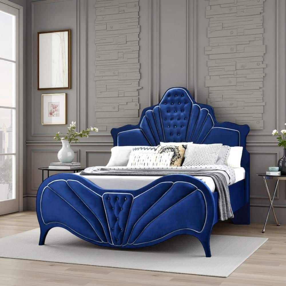 Benjara Modern Blue Wood Frame King Size Panel Bed with Button