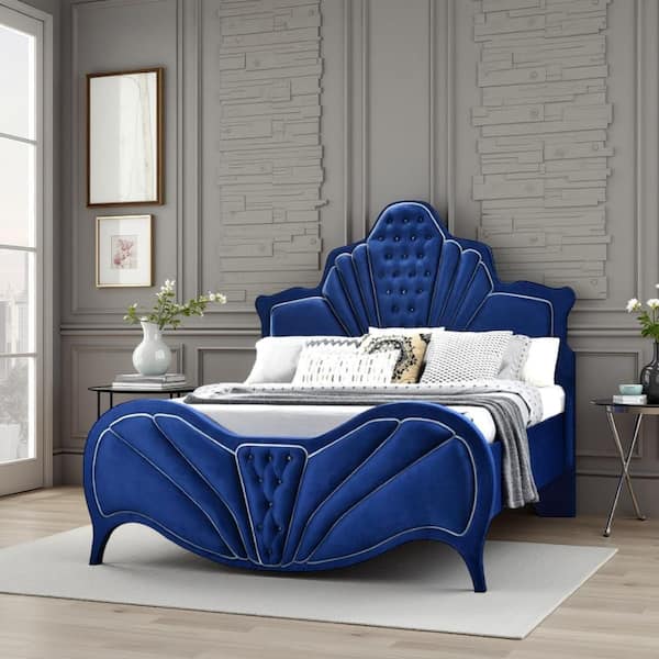 Benjara Modern Blue Wood Frame King Size Panel Bed with Button