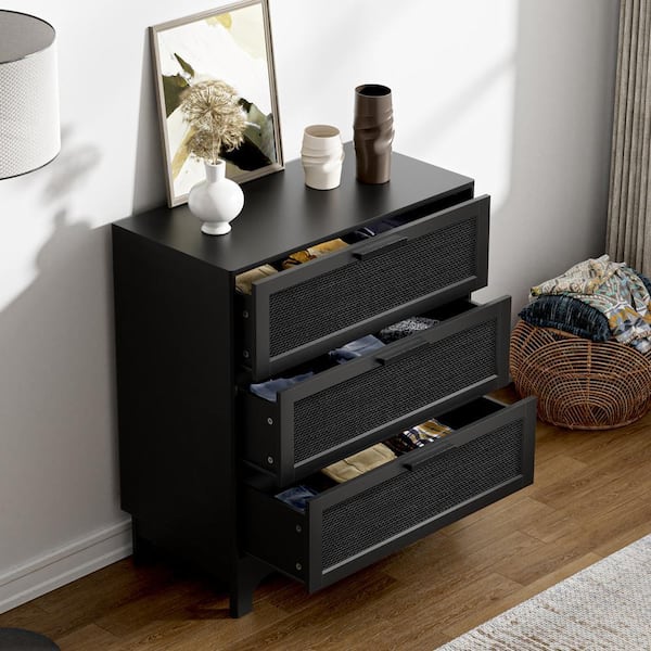 Aupodin Black Rattan 3-Drawer 31.5 in. Wide Chest of Drawers with Wood Handle for Bedroom Living Room