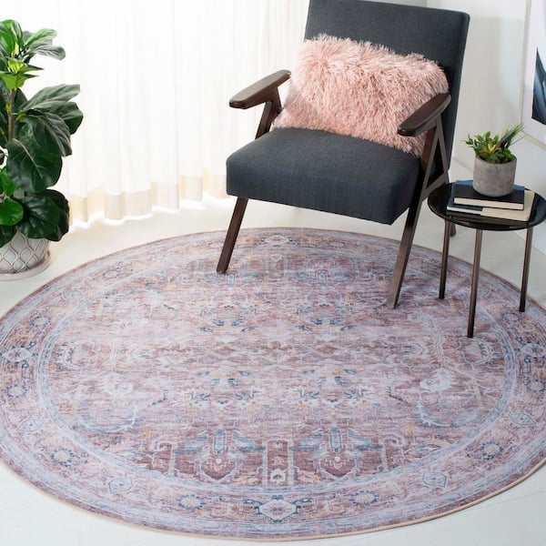 Tucson Rust/Beige 6 ft. x 6 ft. Machine Washable Border Distressed Floral Round Area Rug