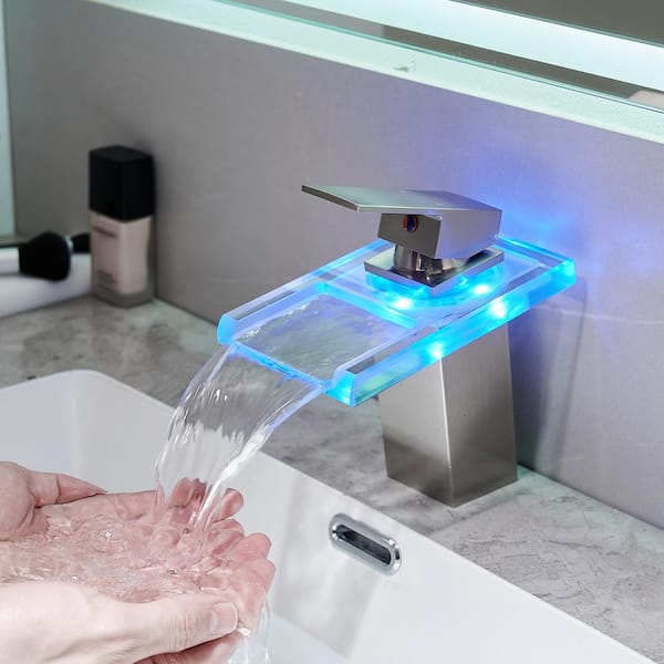 Single Handle Single Hole Bathroom Faucet with Water Supply Hoses and LED Temperature Sensor Light in Brushed Nickel