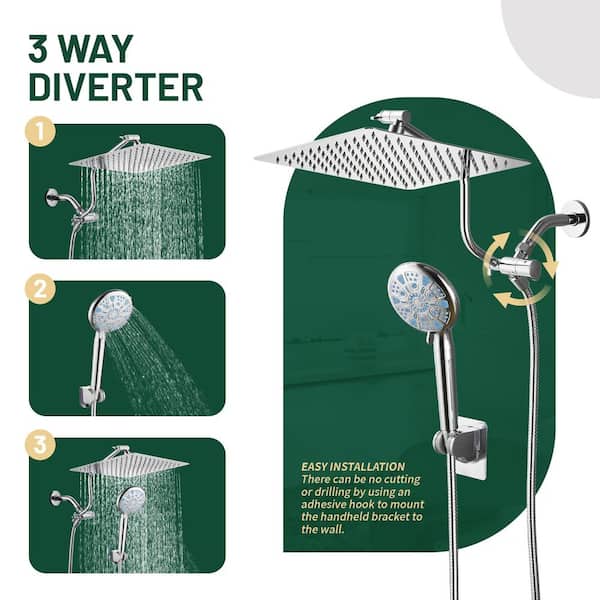 Rainfull 2-in-1 9-Spray Patterns Adjustable Fixed Dual Shower Head with Filter 1.8GPM and Handheld Shower Head in Chrome