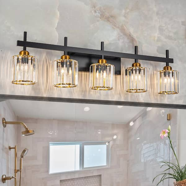 36.22 in. 5 Lights Black and Gold Modern Crystal Bathroom Vanity Light Over Mirror with Crystal Shades