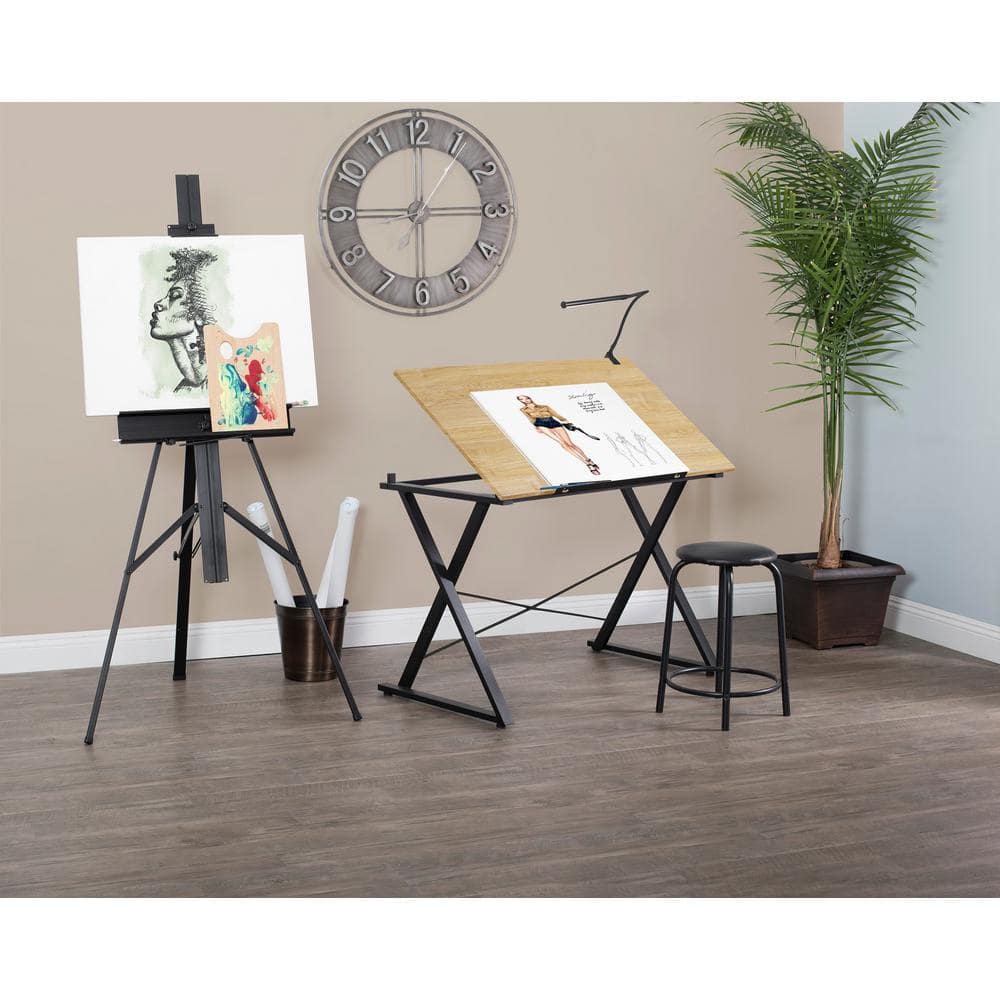 Ashwood and Charcoal Adjustable Drawing Table with Steel Frame