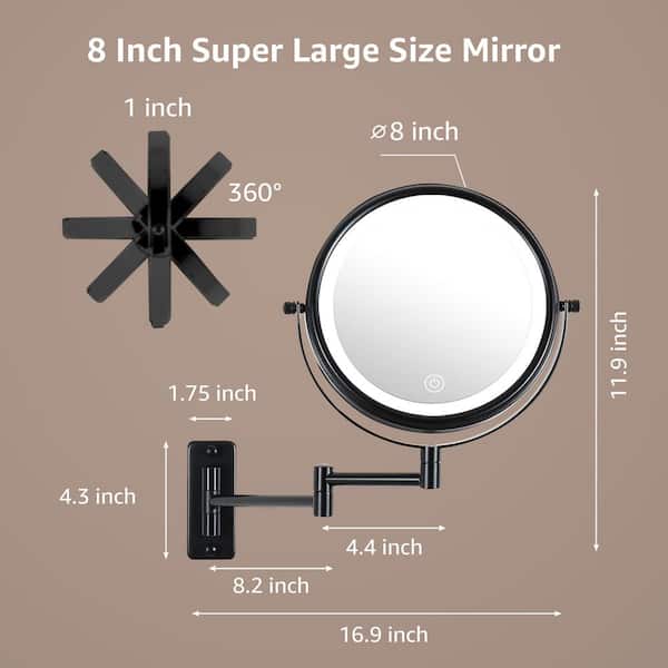 8 in. W x 8 in. H Round LED Metal Wall Miror 7x Magnification Bathroom Makeup Mirror in Black