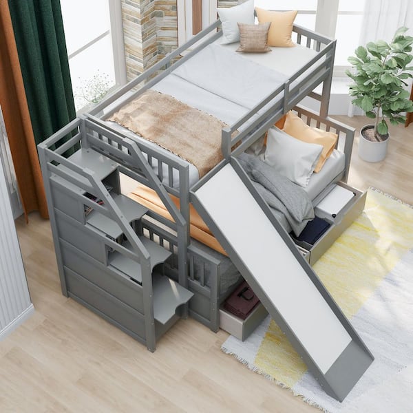 ANBAZAR Gray Twin Over Full Size Bunk Bed with Slide