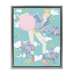 Pastel Exercise Ball Girl by Melissa Wang Gray Floater Frame People Graphic Art Print 31 in. x 25 in.