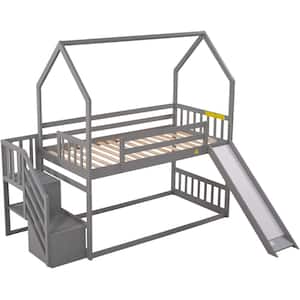 Twin over Twin House Bunk Bed with Convertible Slide&Storage Staircase in Gray