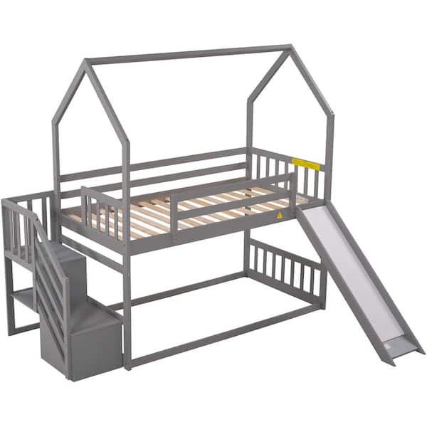 Clihome Twin over Twin House Bunk Bed with Convertible Slide&Storage Staircase in Gray
