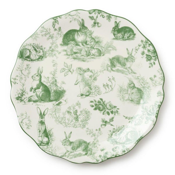 Le Jardin 13 in. Round Green and White Stoneware Platter