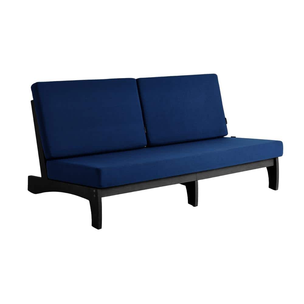 Black Solid Wood Frame 3-Seater Outdoor Sofa with Navy Cushions