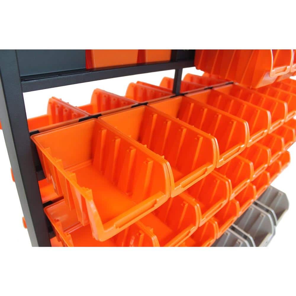 Dual-Sided Mobile 94-Bin Storage Rack with Wheels, Orange & Grey