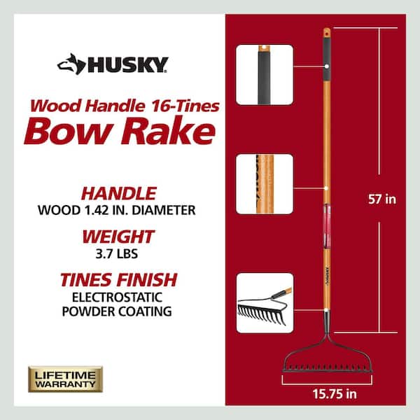 Husky 57 in. Wood Handle 16-Tine Bow Rake 77105-942 - The