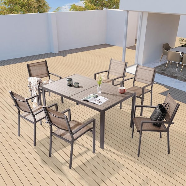 Sonkuki 7 Pieces Patio Dining Set with Rectangle Table and Stackable Textilene Chairs, Taupe