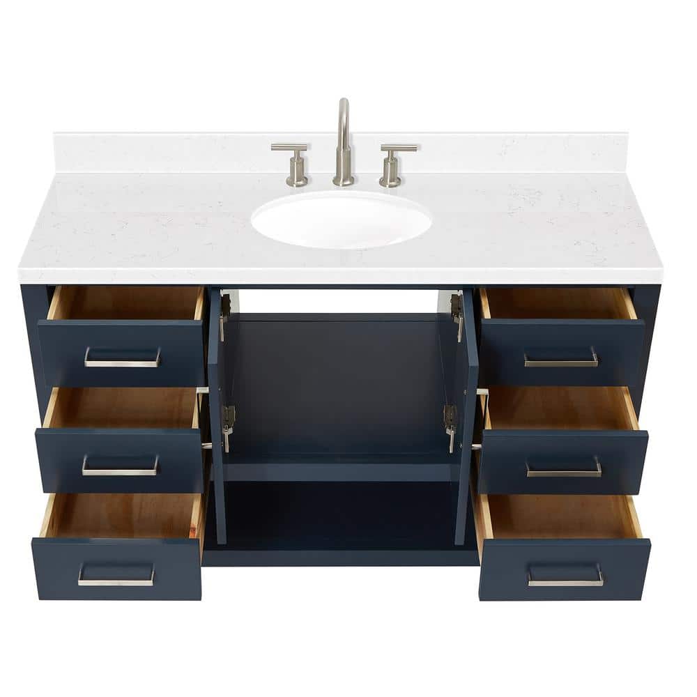 Midnight Blue Solid Wood Freestanding Single Bathroom Vanity with Quartz Top