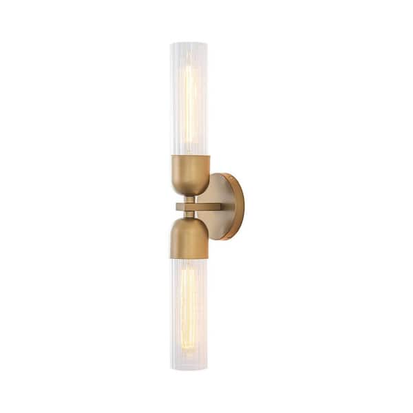 Bathroom Vanity Light 23.43 in. 2-Light Cylinder Brass Wall Sconce with Ribbed Glass Shades