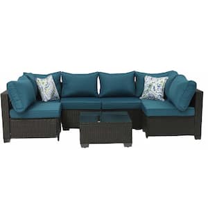 7-Piece Wicker Outdoor Sectional Sofa, Brown Patio Conversation Set with Coffee Table and Peacock blue Cushions