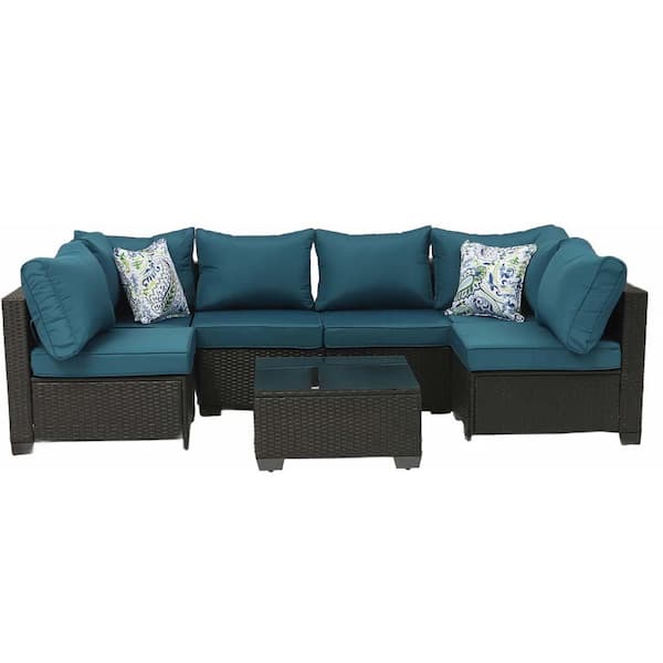 Zeus & Ruta 7-Piece Wicker Outdoor Sectional Sofa, Brown Patio Conversation Set with Coffee Table and Peacock blue Cushions