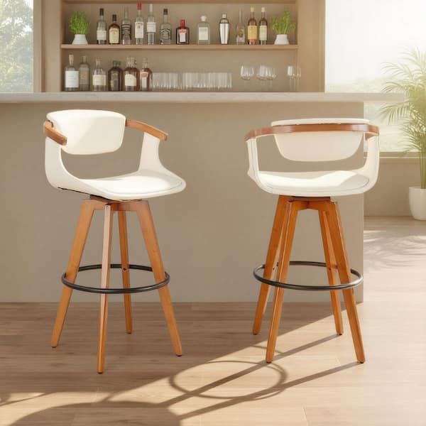Oracle 29 in. Cream Faux Leather, Walnut Bamboo, and Black Metal Fixed-Height Bar Stool