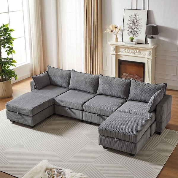J&E Home 127.6 in. W Square Arm 5-piece L Shaped Polyester Sectional Sofa with ottoman in Gray