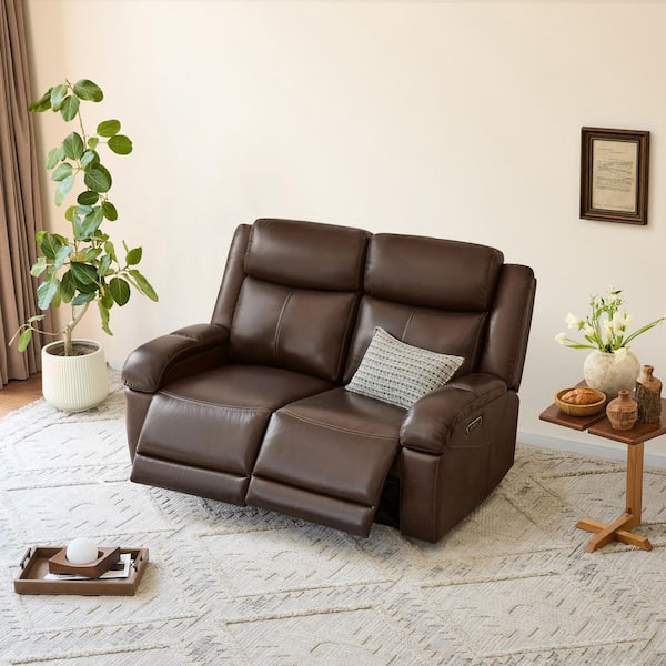 Axel 62.2 Dual Motors Wall Hugger Genuine Leather 2-Seater Loveseat Recliner in Brown with Power Headrest Charging Port
