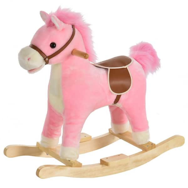 Qaba Rocking Horse Plush Animal with Sounds, Wooden Base for 36-Month to 72 -Months, Pink