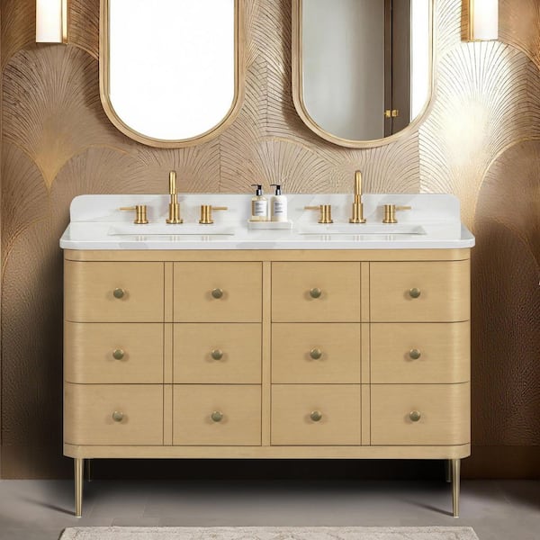 Serena 49 in. Double Sink White Oak Bath Vanity with Calacatta Quartz Top
