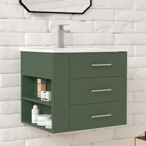 Rita 24.25 in. W Single Sink Wallmount Bath Vanity with White Ceramic Top Countertop in Forest Green w/ Left Side Shelf