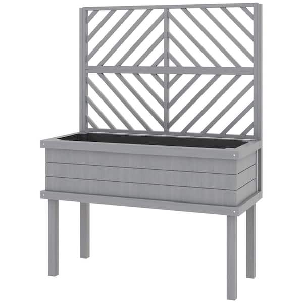 39 Length Elevated Wood Planter with Trellis for Climbing Plants, Raised Garden Bed with Legs and Drainage Holes, Gray